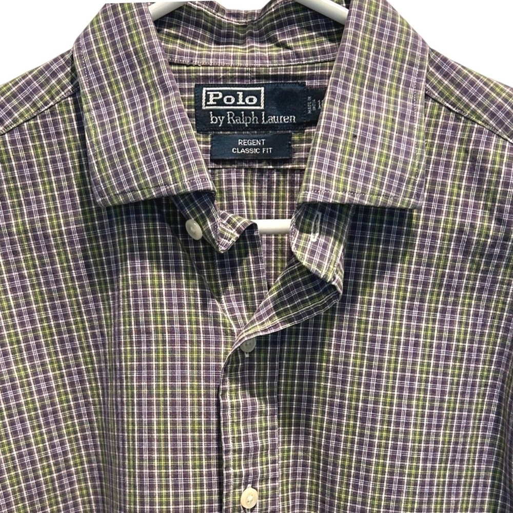 Polo Ralph Lauren Button Down Shirt 16 L Mens Purple Green Plaid Regent Fit